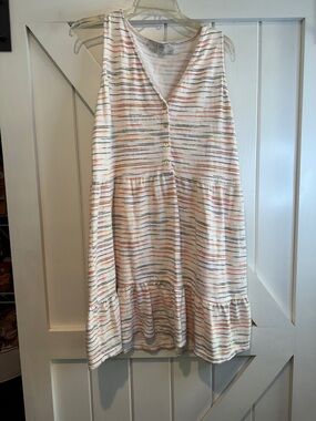 LOFT Sleeveless Striped Midi Dress in White with Multicolor Stripes